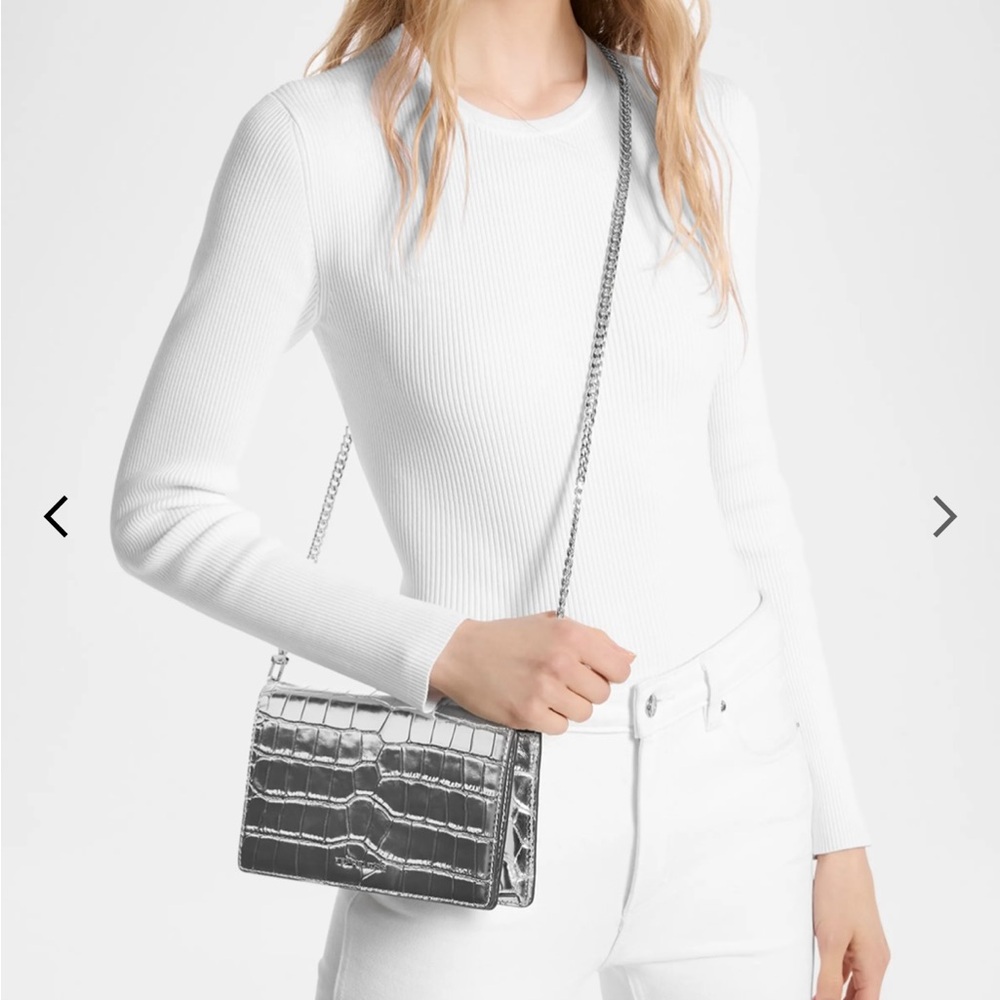 Silver Croc-Embossed Crossbody Bag